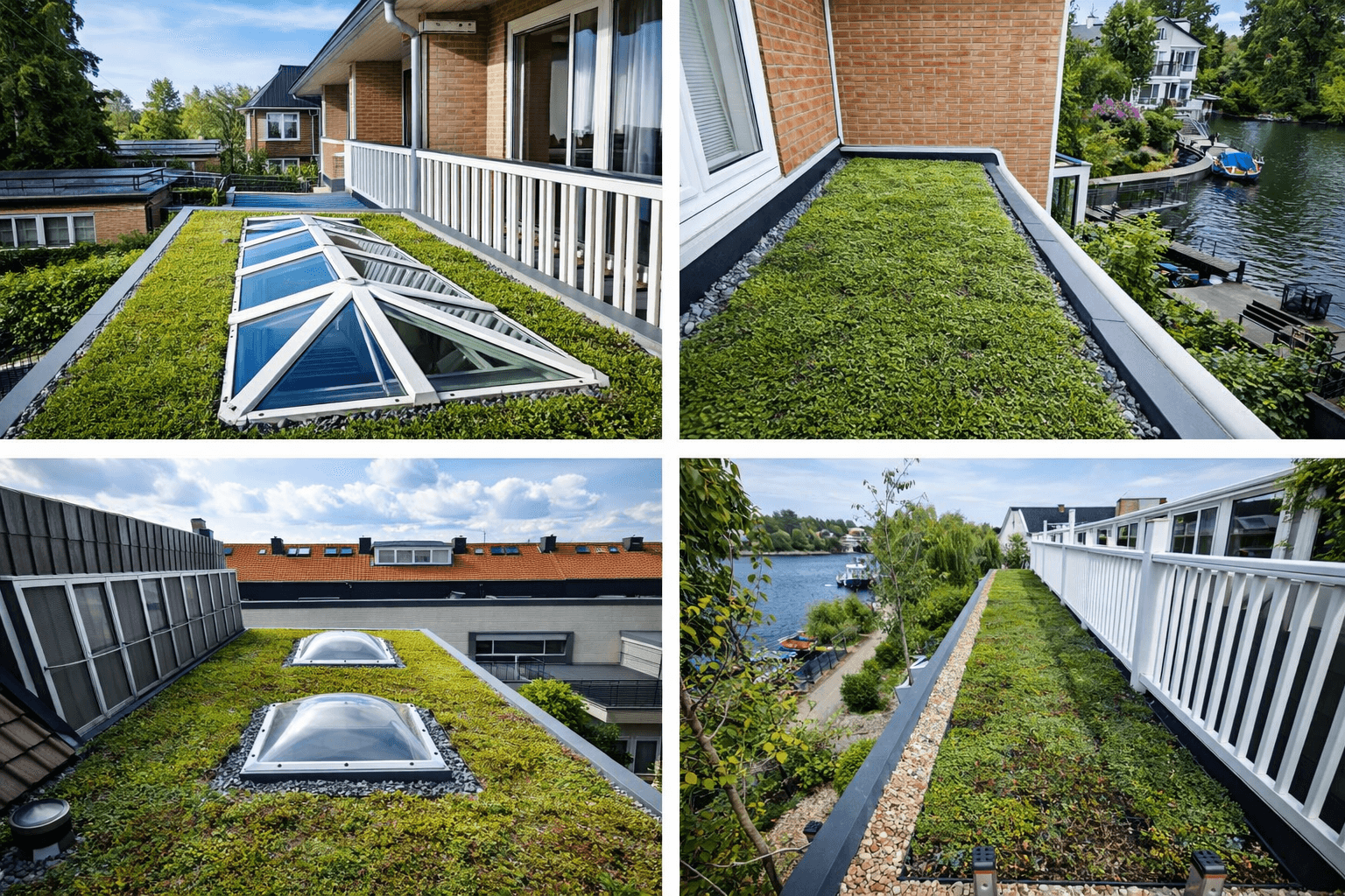 Sedumdaken op woning aan het water met lichtkoepels